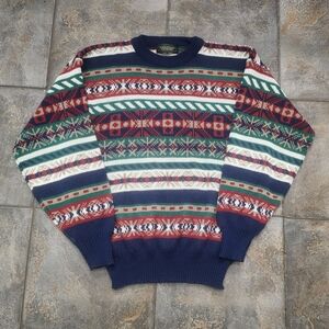 Vintage 90s Johnathan Stewart Men's Large Geometric Aztec Colorful Sweater